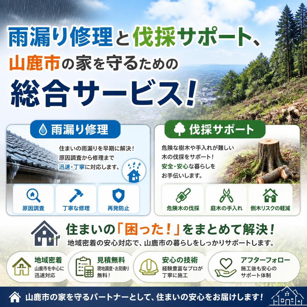 雨漏り修理と伐採サポート、山鹿市の家を守るための総合サービス！