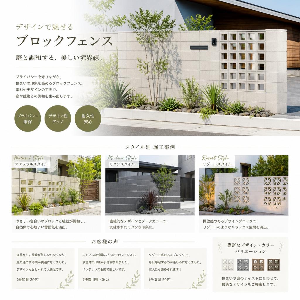 庭との調和！素敵なブロックフェンスのデザイン例