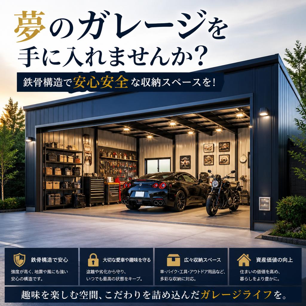夢のガレージを手に入れませんか？鉄骨構造で安心安全な収納スペースを！