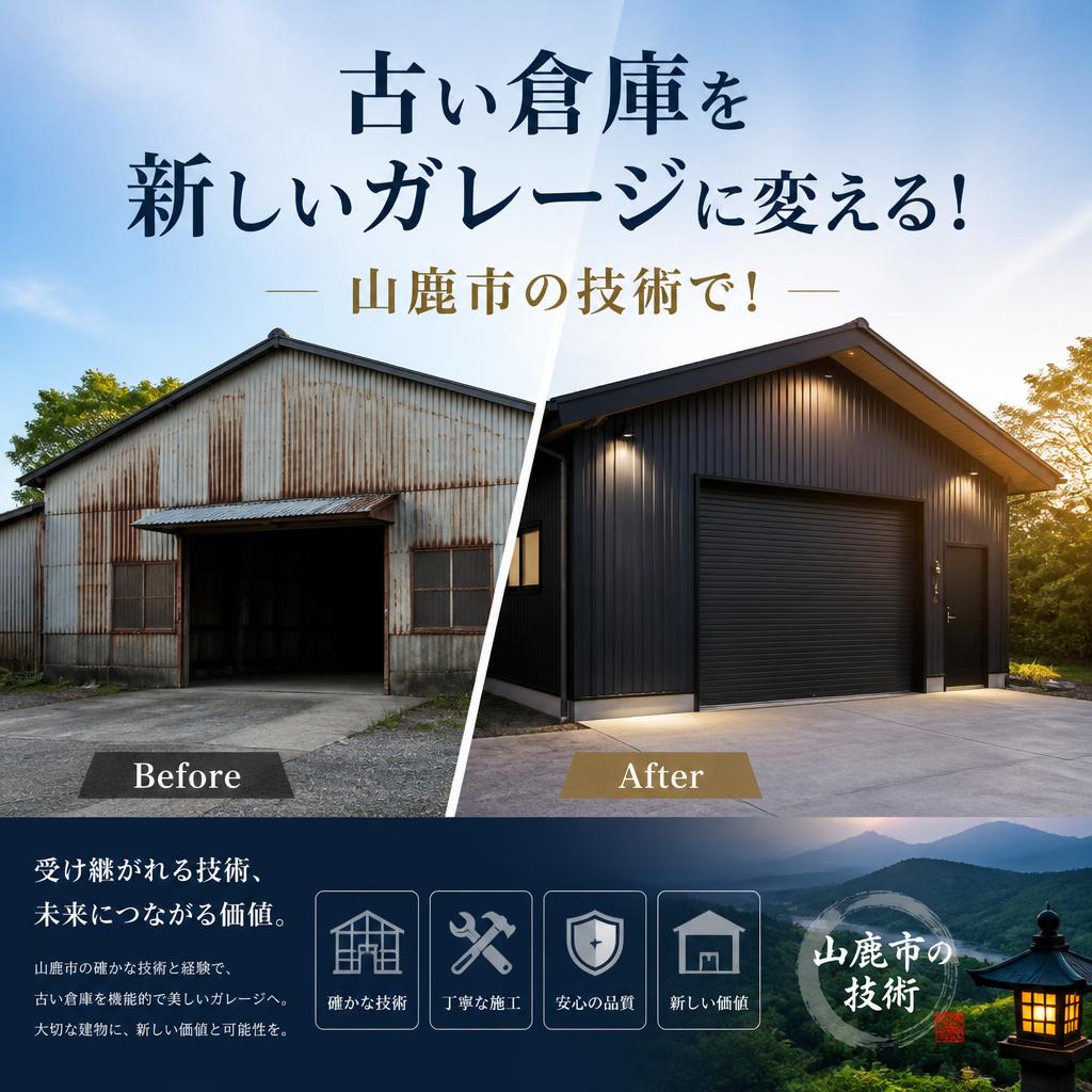 古い倉庫を新しいガレージに変える！山鹿市の技術で！