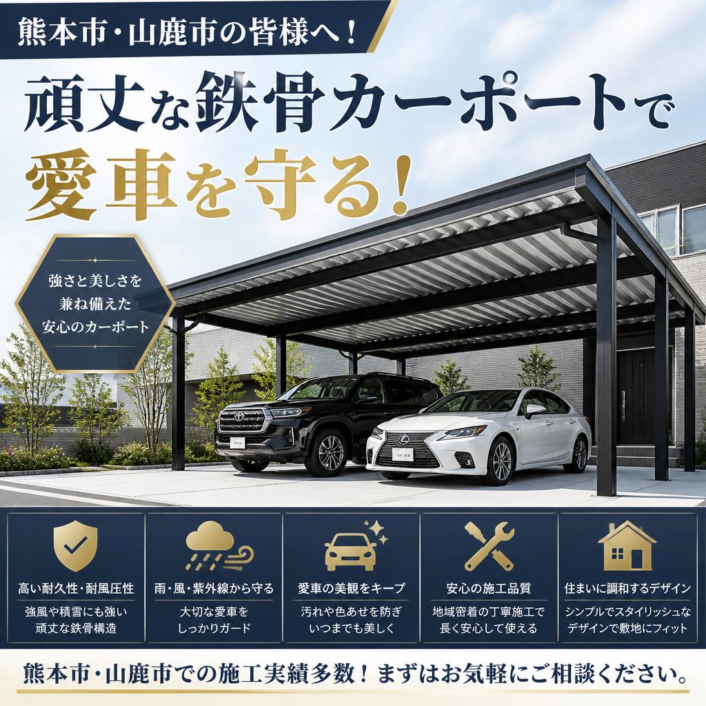 熊本市・山鹿市の皆様へ！頑丈な鉄骨カーポートで愛車を守る！